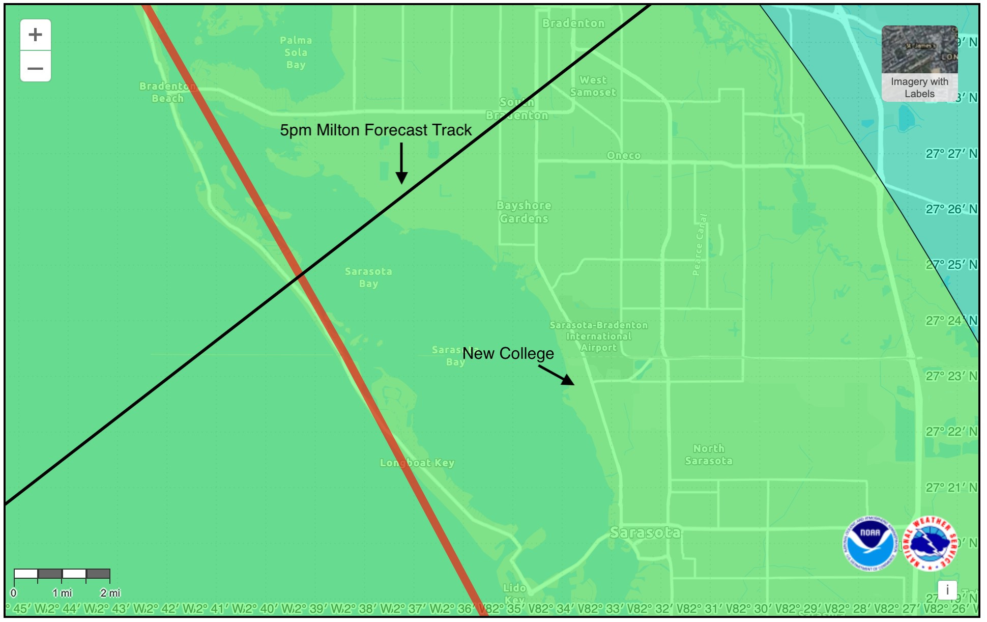 Screenshot of NOAA 5pm 2024-10-09 interactive track of Hurricane Milton, annotated with the position of New College a labeling of the track near the college.
