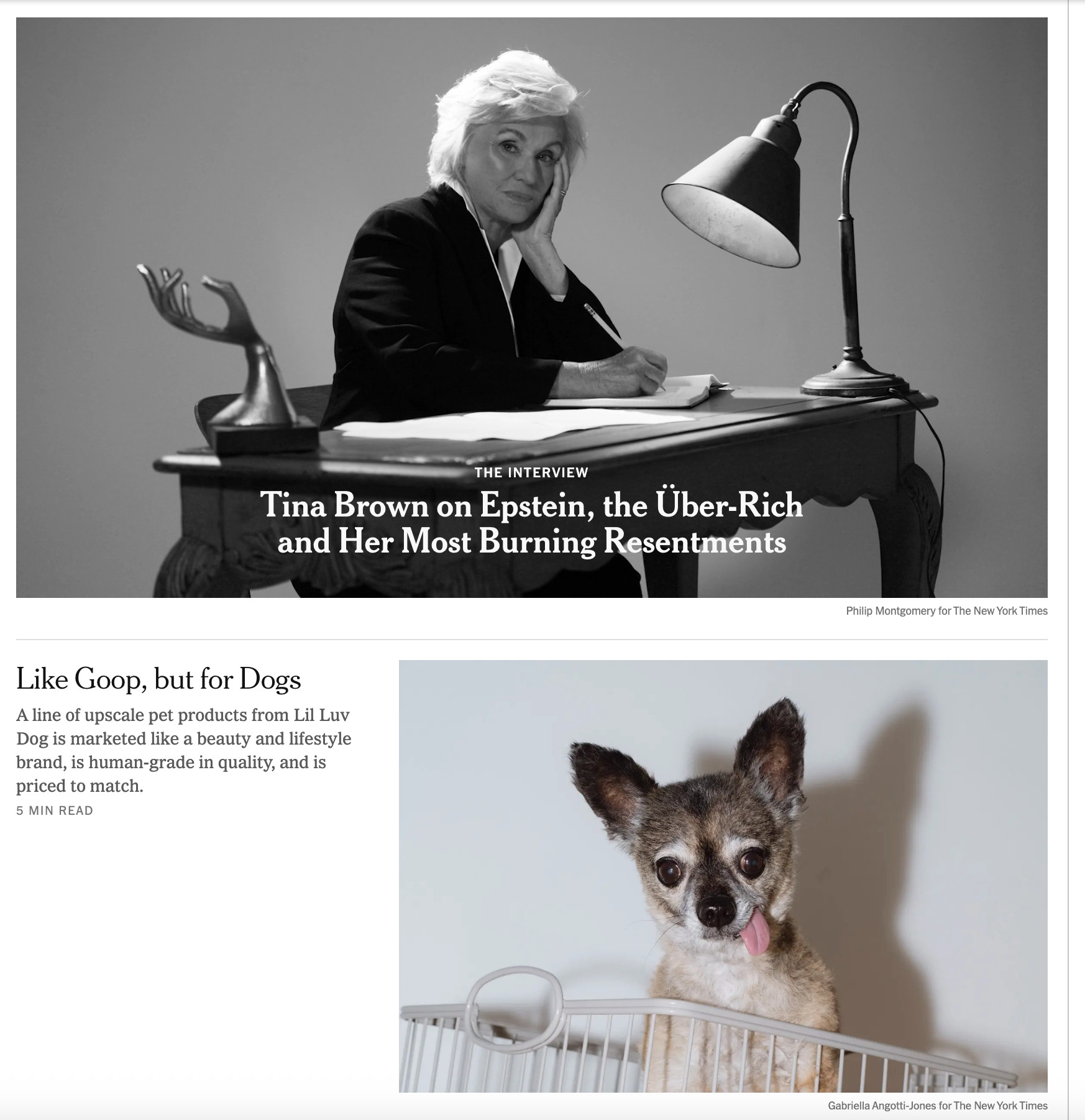 Screenshot from the New York Times homepage showing headlines