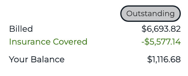 Partial screenshot of billing statement:
Billed $6,693.82
Insurance Covered - $5,577.14
Your Balance $1,116.68