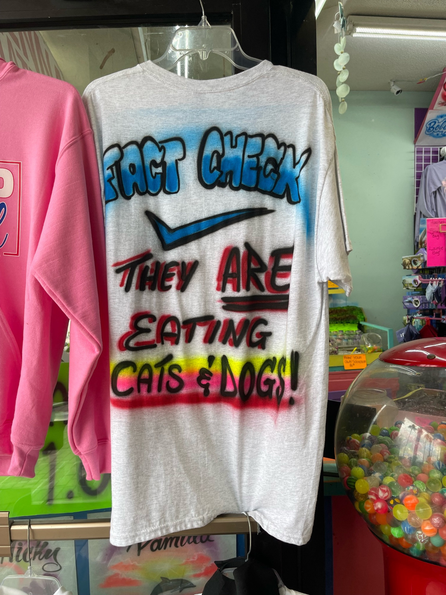 Colorful airbrushed T-shirt that say “FACT CHECK ✔️ Thet ARE eating cats & dogs!”