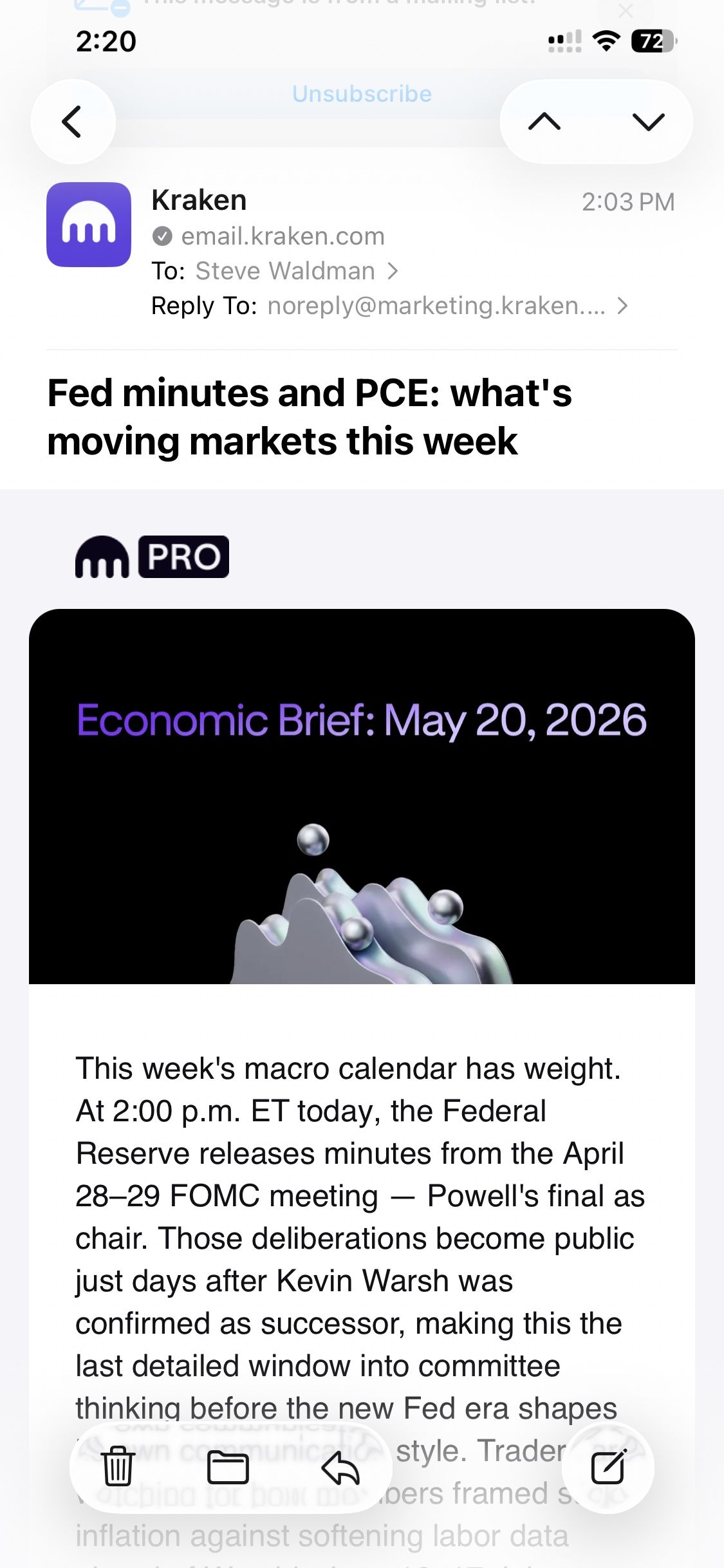 A screenshot of an e-mail: Kraken, a crypto exchange, sends out a very stereotyped, conventional “economic brief” about Fed minutes.
