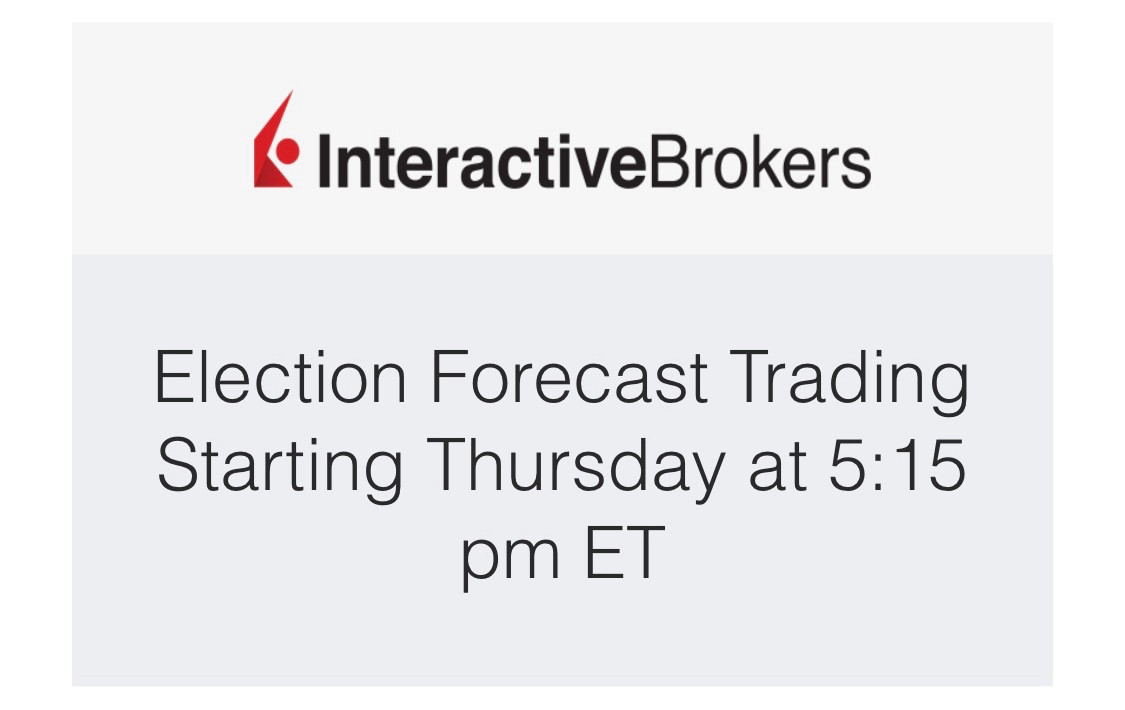 Screenshot:
Interactive Brokers
Election Forecast Trading Starting Thursday at 5:15 pm ET