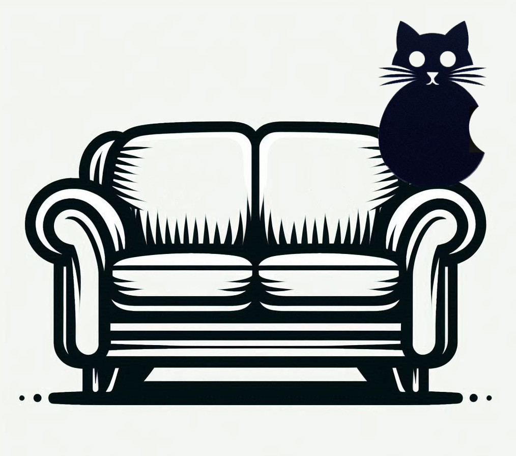 A stylized cat with a bite taken out of it (Apple-logo-style) sits on a black-and-white clip-art style couch.