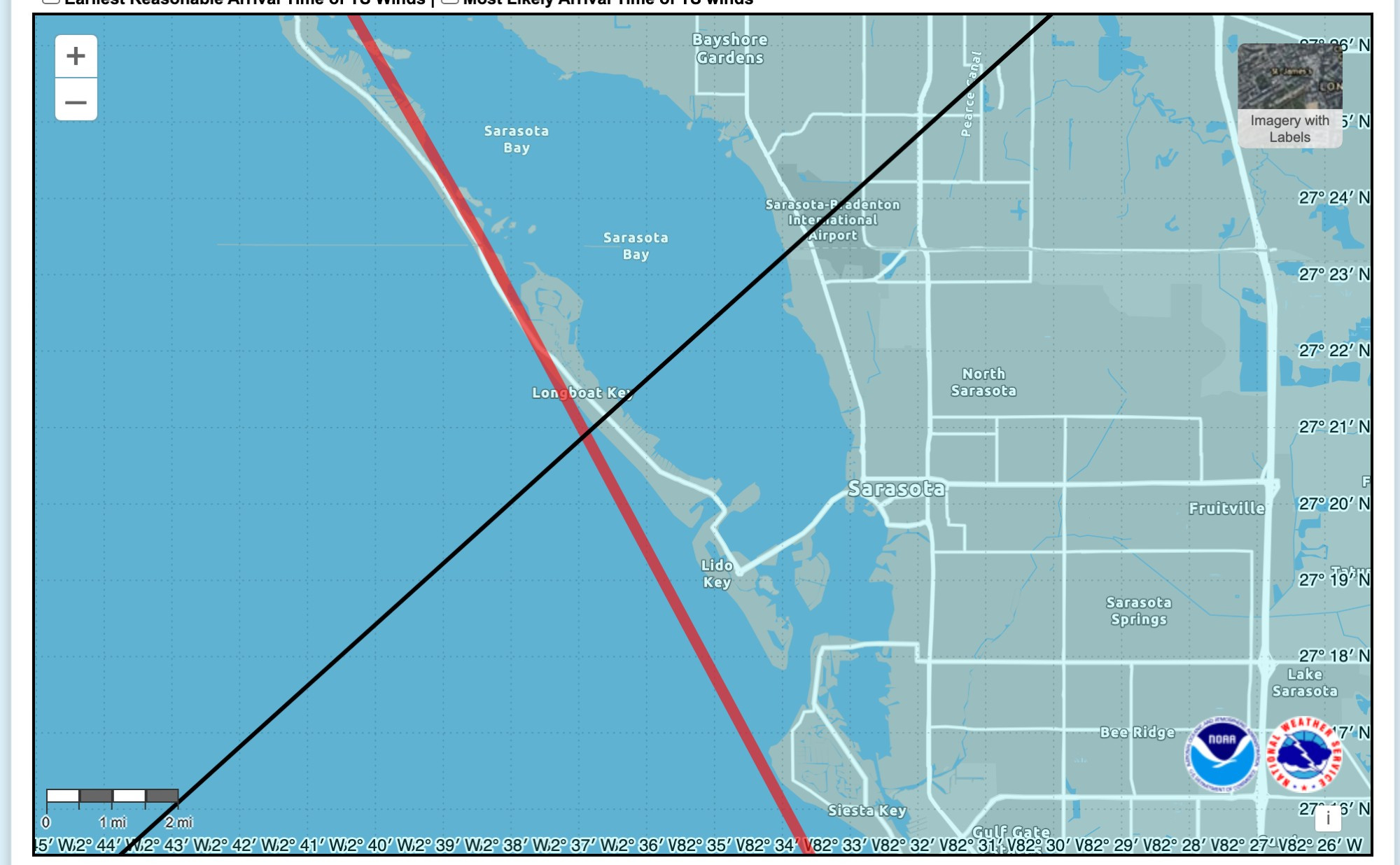 Close up screenshot of NOAA's forecast track for Hurricane Milton, crossing the grounds of the Sarasota/Bradenton Airport just north of New College.