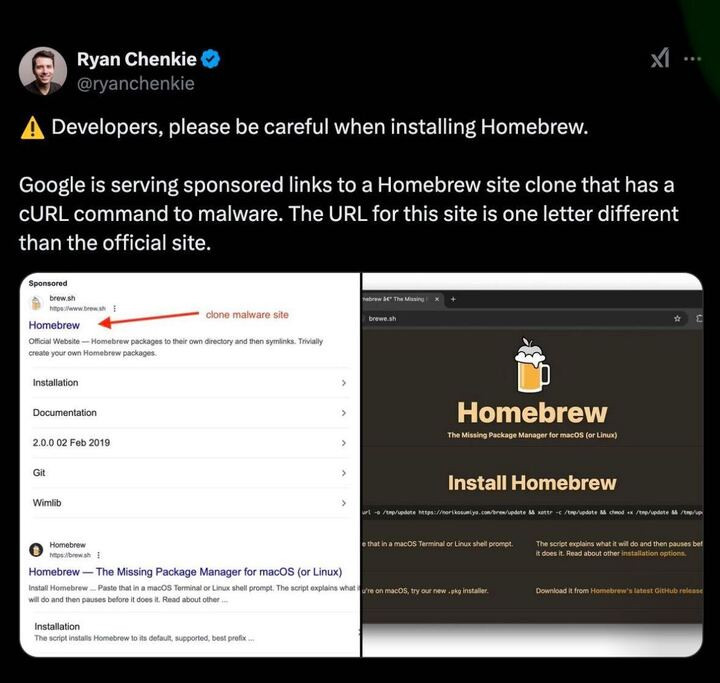 Link Preview: 
Tek say resist (@tek@freeradical.zone): Attached: 1 image

Here's a Google ad impersonating the brew.sh website but linking to a malware site.

Remember, it is always 100% morally and ethically OK to use ad blockers.