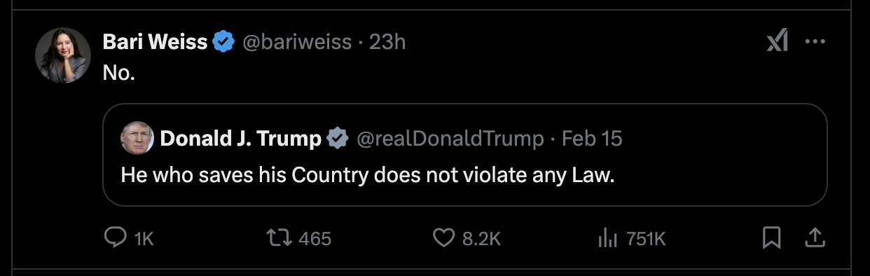 Screenshot of Bari Weiss tweet.
Bari Weiss, whose career has been spent mocking and deriding anything that might be excess of civilized impulse and who took enthusiastic part in the intellectual currents that elevates Trump says